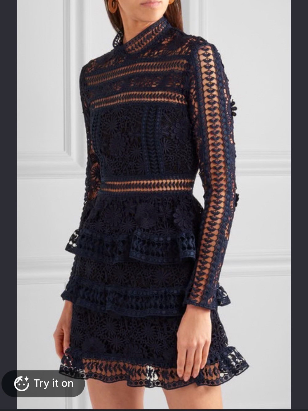Self-Portrait Navy Crochet Lace Long-Sleeve Tiered Dress